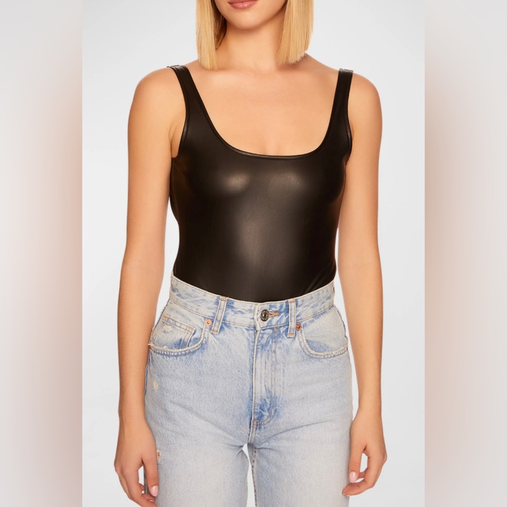 NWT SUSANA MONACO FAUX LEATHER THONG BODYSUIT IN BLACK - Picture 3 of 6